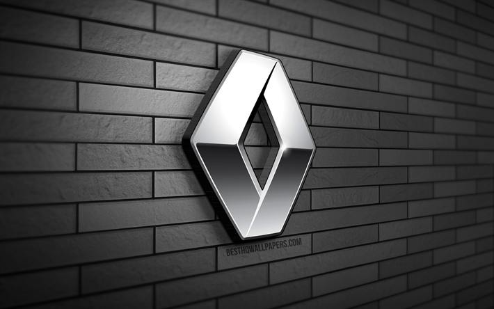 Renault logotipo 3D, 4K, cinza brickwall, criativo, marcas de carros, Renault logotipo, Renault metal logotipo, Arte 3D, Renault