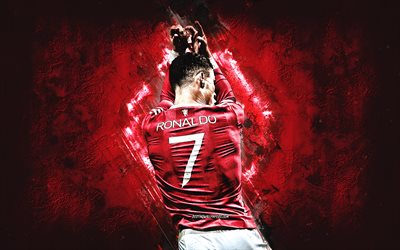 Cristiano Ronaldo, Manchester United FC, tavoite, juhla, punainen kivi tausta, CR7, jalkapallo, grunge art, Premier League, Englanti