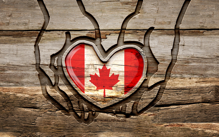 Download wallpapers I love Canada, 4K, wooden carving hands, Day of Canada,  Flag of Canada, creative, Canada flag, canadian flag, Canada flag in hand,  Take care Canada, wood carving, North America, Canada