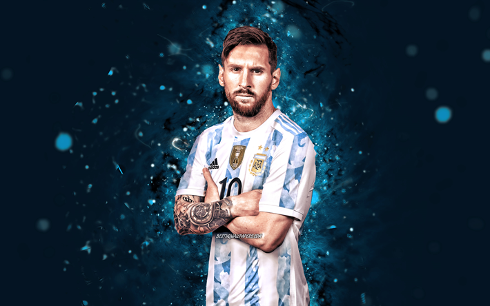 4k, Lionel Messi, 2022, Argentiinan jalkapallomaajoukkue, Leo Messi, siniset neonvalot, jalkapallot&#228;hdet, jalkapallo, Messi, Argentiinan maajoukkue, Lionel Messi 4K