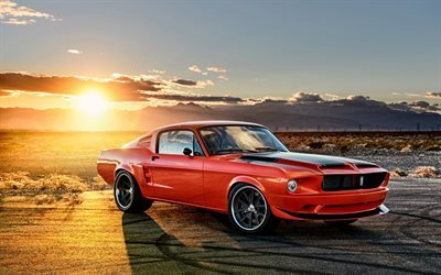 Ford Mustang, 1968, Classic cars, orange mustang, retro cars, sunset