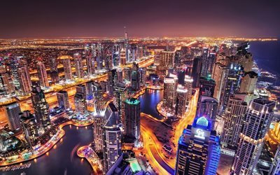 Dubai, skyline, EMIRATOS &#225;rabes unidos, rascacielos, paisaje nocturno, Emiratos &#193;rabes Unidos