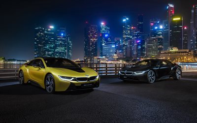 4k, BMW i8, far&#243;is, 2018 carros, noturnas, novo i8, amarelo i8, preto i8, supercarros, BMW