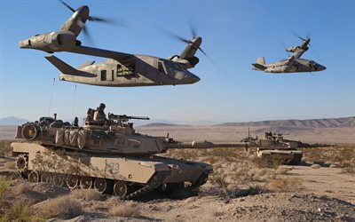 Bell V-280 Valor, 4k, convertoplan, attack helicopter, V-280 Valor, M1A2 Abrams, combat aircraft, US Army, Bell