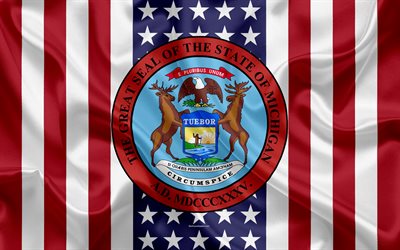 Michigan, USA, 4k, Amerikan valtio, Seal of Michigan, silkki tekstuuri, YHDYSVALTOJEN, tunnus, valtioiden tiiviste, Amerikan lippu