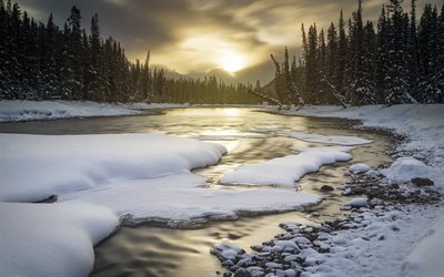Rocky Mountains, morning, sunrise, mountain river, snow, spring, forest, Banf National Park, Alberta, Canada