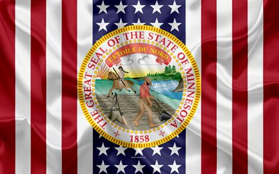 Minnesota, USA, 4k, Amerikan valtio, Seal of Minnesota, silkki tekstuuri, YHDYSVALTOJEN, tunnus, valtioiden tiiviste, Amerikan lippu
