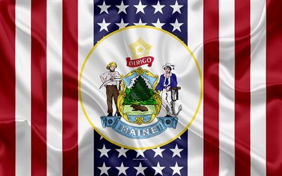 Maine, USA, 4k, American state, Seal of Maine, silk texture, US states, emblem, states seal, American flag