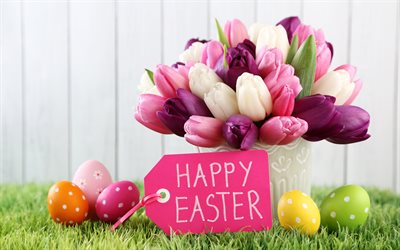 4k, Happy Easter, tulips, easter eggs, easter decoration, Easter