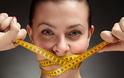 dieta conceitos, fita de medi&#231;&#227;o, amarrado boca, dieta, comer corretamente, a perda de peso