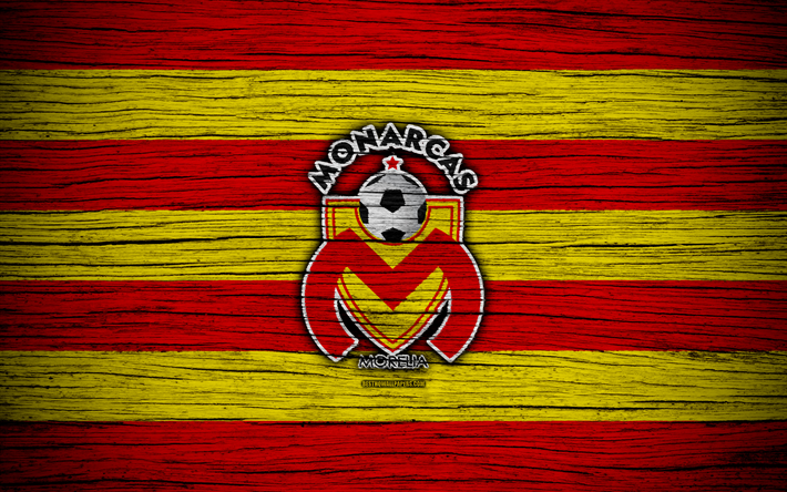 Monarcas FC, 4k, Liga MX, f&#250;tbol, Primera Divisi&#243;n, M&#233;xico, Monarcas, de madera de textura, club de f&#250;tbol, el FC Monarcas