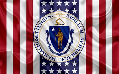 Massachusetts, USA, 4k, American state, Seal of Massachusetts, silk texture, US states, emblem, states seal, American flag