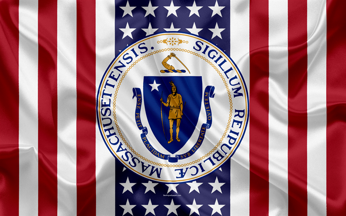 Estado de Massachusetts, EUA, 4k, Estado americano, Selo de Massachusetts, textura de seda, NOS estados americanos, emblema, estados selo, Bandeira americana