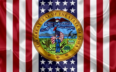 Iowa, USA, 4k, Amerikan valtio, Seal of Iowa, silkki tekstuuri, YHDYSVALTOJEN, tunnus, valtioiden tiiviste, Amerikan lippu