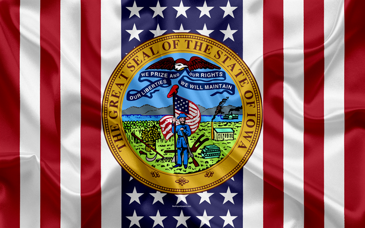 Iowa, USA, 4k, American state, Seal of Iowa, silk texture, US states, emblem, states seal, American flag