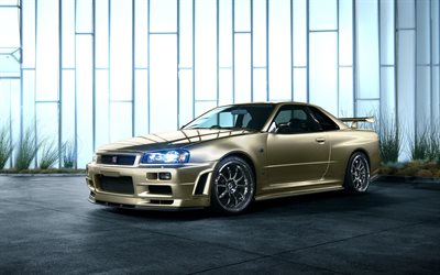 nissan skyline-sportwagen, r34, golden skyline, japanische autos, nissan