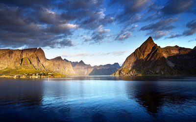 4k, ンローフォテン諸島, 海, 山々, ノルウェー, 欧州