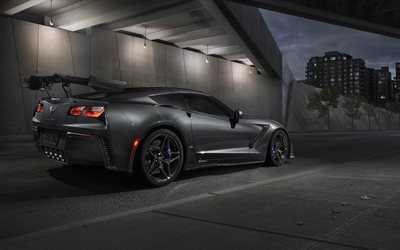 Chevrolet Corvette ZR1, 2019, vista posterior, de lujo negro del coche de los deportes, exterior, nuevo Corvette negro, American sports coches, Chevrolet