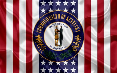 Kentucky, USA, 4k, American state, Seal of Kentucky, silk texture, US states, emblem, states seal, American flag