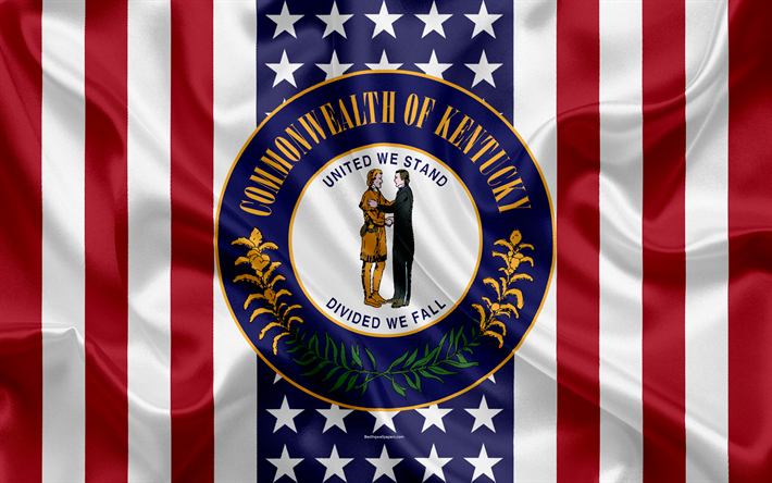 Kentucky, USA, 4k, Americano, stato, Tenuta del Kentucky, seta, texture, stati uniti, emblema, stati guarnizione, bandiera Americana