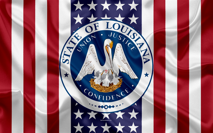 Louisiana, USA, 4k, Amerikan valtio, Seal of Louisiana, silkki tekstuuri, YHDYSVALTOJEN, tunnus, valtioiden tiiviste, Amerikan lippu
