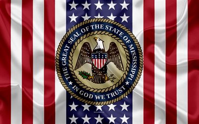 Mississippi, USA, 4k, Amerikan valtio, Seal of Mississippi, silkki tekstuuri, YHDYSVALTOJEN, tunnus, valtioiden tiiviste, Amerikan lippu