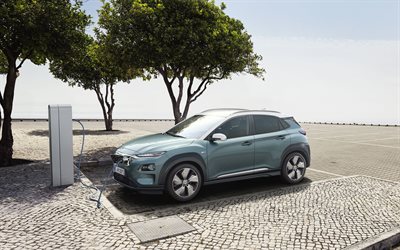 Hyundai Kona Electric, 2018, exterior, electric compact crossover, electric car, new blue Kona, electric car charging concepts, Hyundai