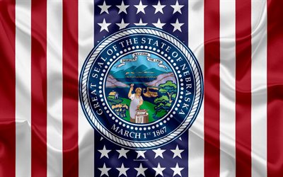 Nebraska, USA, 4k, American state, Seal of Nebraska, silk texture, US states, emblem, states seal, American flag