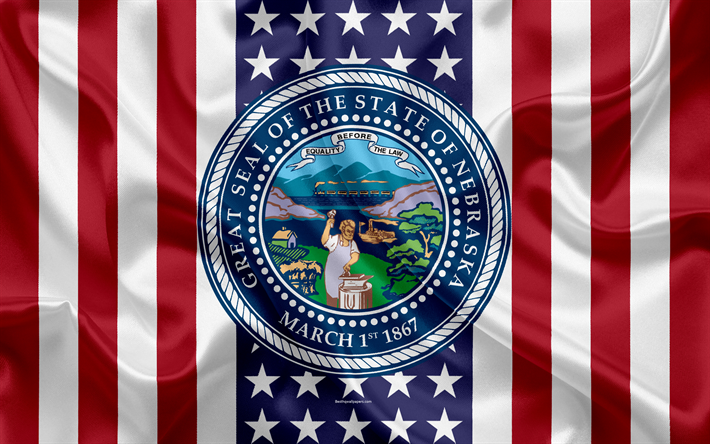 Nebraska, USA, 4k, Amerikan valtio, Seal of Nebraska, silkki tekstuuri, YHDYSVALTOJEN, tunnus, valtioiden tiiviste, Amerikan lippu