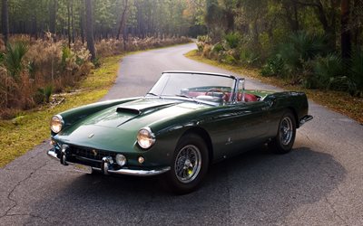 Ferrari 400 Superamerica, SWB, Cabriolet, 1960, Pininfarina, retro cars, classic sports cars, green cabriolet, Italian cars, Ferrari America