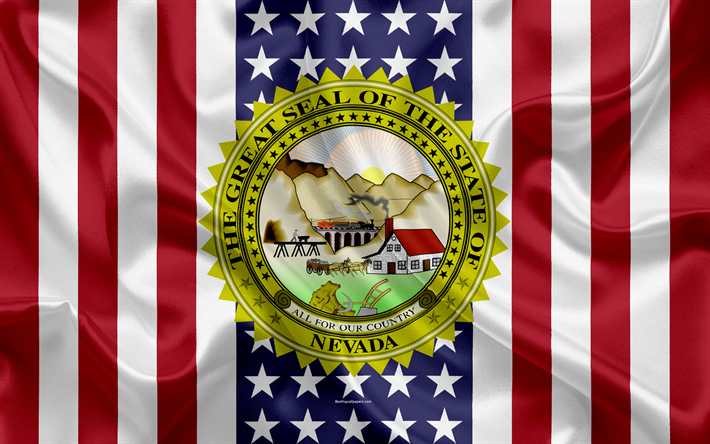 Nevada, USA, 4k, American state, Seal of Nevada, silk texture, US states, emblem, states seal, American flag