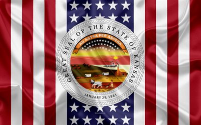 Kansas, estados UNIDOS, 4k, el estado Americano, Sello de Kansas, de seda textura, estados de los estados unidos, el emblema, los estados sello de la bandera Americana