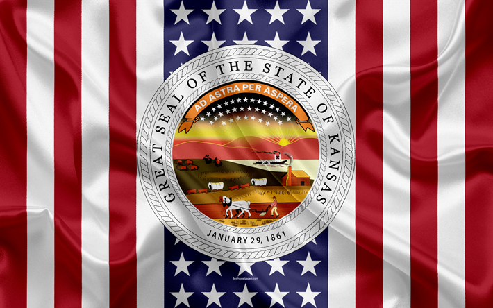 Kansas, USA, 4k, Amerikan valtio, Seal of Kansas, silkki tekstuuri, YHDYSVALTOJEN, tunnus, valtioiden tiiviste, Amerikan lippu