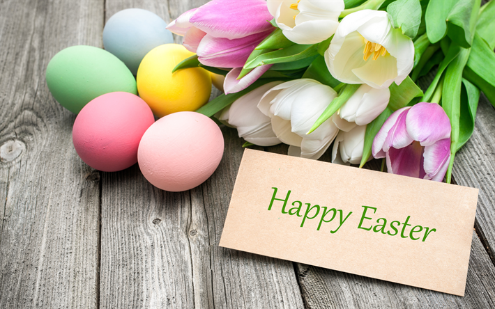4k, buona Pasqua, auguri di Pasqua, i tulipani, le uova di pasqua decorazione pasquale, Pasqua