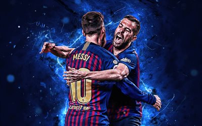 Jordi Alba, Lionel Messi, goal, football stars, Barcelona FC, Spain, FCB, La Liga, Alba and Messi, Barca, neon lights, Messi, soccer, LaLiga, Leo Messi
