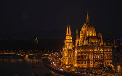 Budapest, palazzo del Parlamento, punto di riferimento, notte, fiume Danubio, ponti, Ungheria