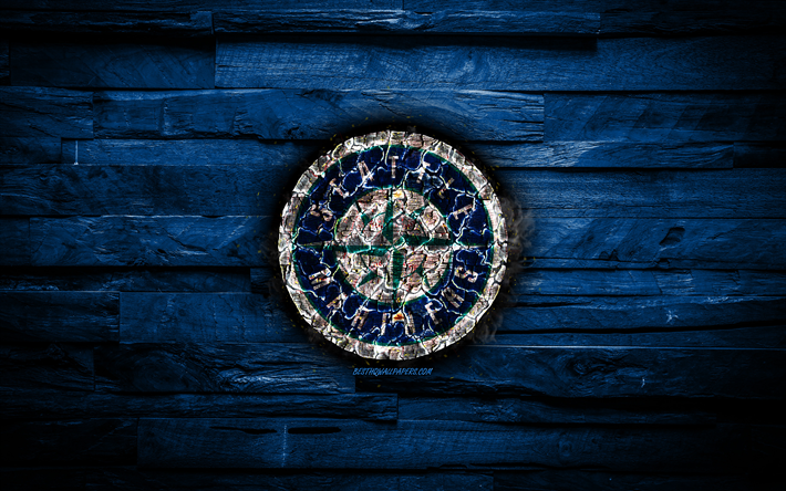 Seattle Mariners, 4k, scorched logo, MLB, blue wooden background, american baseball team, grunge, baseball, Seattle Mariners logo, fire texture, USA