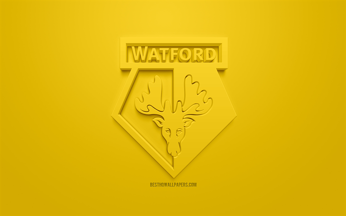 Watford FC, kreativa 3D-logotyp, gul bakgrund, 3d-emblem, Engelska football club, Premier League, Watford, England, 3d-konst, fotboll, snygg 3d-logo