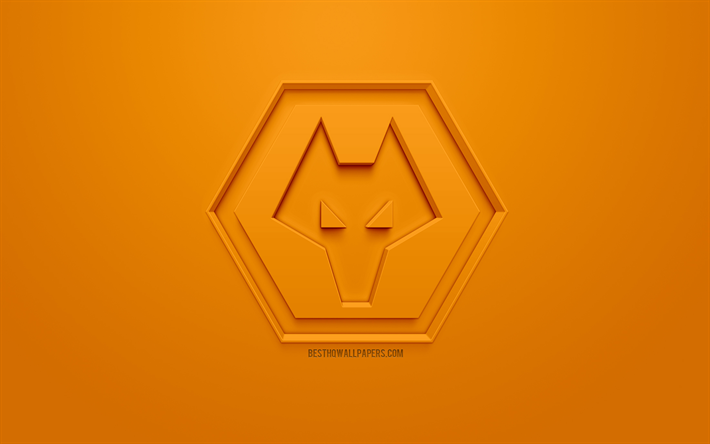Wolverhampton Wanderers FC, Vargar, kreativa 3D-logotyp, orange bakgrund, 3d-emblem, Engelska football club, Premier League, Wolverhampton, England, 3d-konst, fotboll, snygg 3d-logo