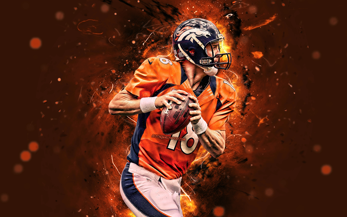 Peyton Manning, 4k, laaja-vastaanotin, Denver Broncos, amerikkalainen jalkapallo, NFL, Peyton Williams Manning, National Football League, neon valot, luova