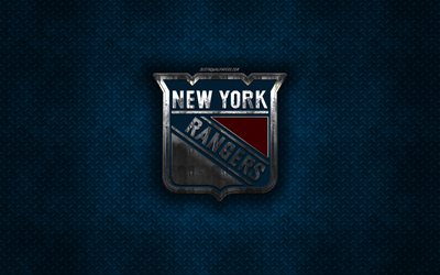 New York Rangers, American hockey club, blue metal texture, metal logo, emblem, NHL, New York, USA, National Hockey League, creative art, hockey
