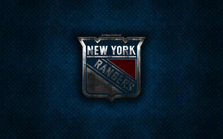 New York Rangers, American hockey club, bl&#229; metall textur, metall-logotyp, emblem, NHL, New York, USA, National Hockey League, kreativ konst, hockey