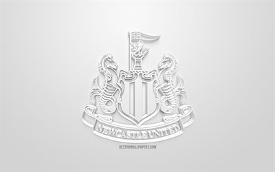 Newcastle United FC, cr&#233;atrice du logo 3D, fond blanc, 3d embl&#232;me, club de football anglais de Premier League, Newcastle upon Tyne, en Angleterre, art 3d, le football, l&#39;&#233;l&#233;gant logo 3d