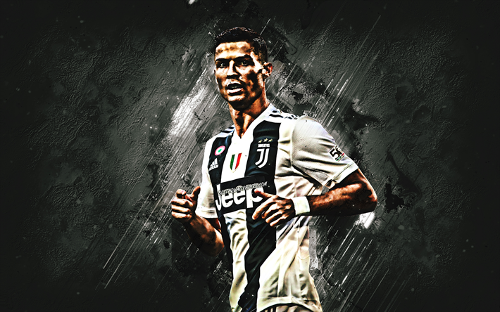 Cristiano Ronaldo, CR7, Juventus FC, portrait, number 7, forward, Portuguese footballer, Juve, Serie A, Italy, white stone texture, creative art
