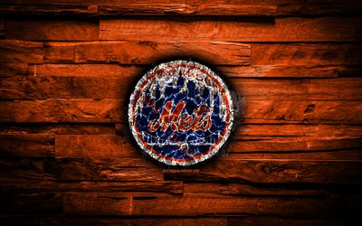 New York Mets, 4k, scorched logo, MLB, orange wooden background, american baseball team, grunge, NY Mets, baseball, New York Mets logo, fire texture, USA