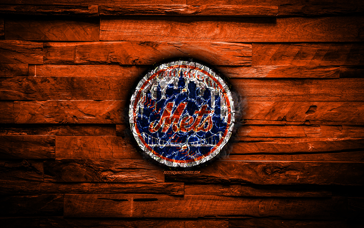 New York Mets, 4k, bruciata logo MLB, arancione, di legno, sfondo, americano, baseball, grunge, NY Mets, New York Mets logo, texture del fuoco, USA