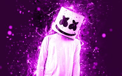 クリストファー-Comstock, DJ Marshmello, 紫色のネオン, 4k, 創造, アメリカのDJ, Marshmello4k, 作品, Marshmello DJ, superstars, Marshmello, Dj