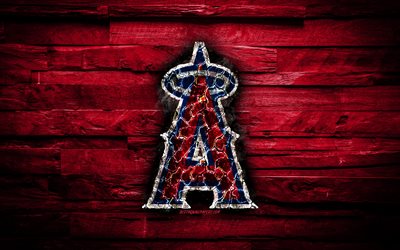Los Angeles Angels, 4k, poltetun logo, MLB, punainen puinen tausta, amerikkalainen baseball-joukkue, LA Angels, grunge, baseball, Los Angeles Angels logo, palo-rakenne, USA