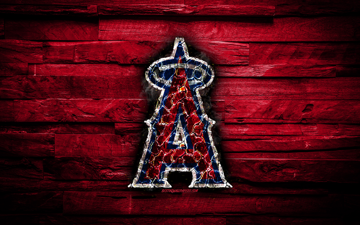 Los Angeles Angels, 4k, scorched logo, MLB, red wooden background, american baseball team, LA Angels, grunge, baseball, Los Angeles Angels logo, fire texture, USA