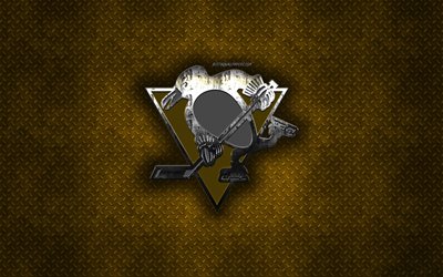 Pittsburgh Penguins, American hockey club, keltainen metalli tekstuuri, metalli-logo, tunnus, NHL, Pittsburgh, Pennsylvania, USA, National Hockey League, creative art, j&#228;&#228;kiekko